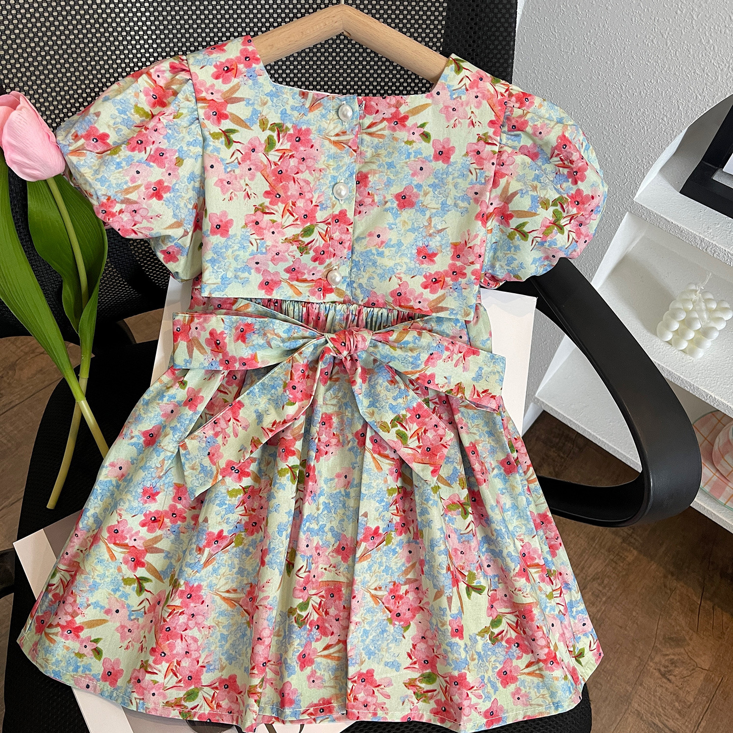 2023 Summer New for Girls Korean Edition Butterfly Bow Bubble Sleeve Floral Dress 23259_voghion.com