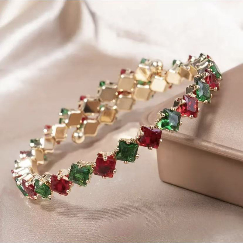 European and American Cross-Border Minimalist Rhombus-Shaped Zircon Single-Row Open Bracelet for Women, Bridal Wedding Accessory, Christmas Style European and American Cross-Border Minimalist Rhombus-Shaped Zircon Single-Row Open Bracelet for Women, Bridal Wedding Accessory, Christmas Style