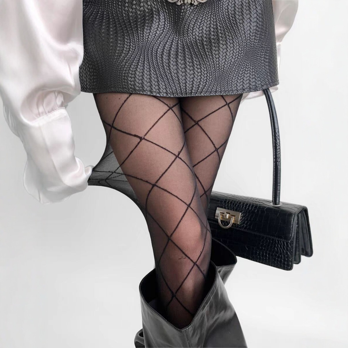 Diamond Black Stockings for Women Spring and Autumn Anti-Snatch Sexy Square Striped Pantyhose Black Stockings