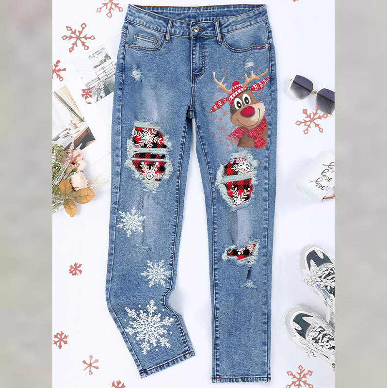 Women's winter Christmas jeans printed ripped women's jeans_voghion.com