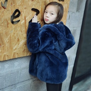 New Warm Thickened Rex Rabbit Whole Leather Mid-length Hooded Children's Fur Children's Coat Coat for Men and Women