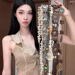 インスタ映えする個性的なレトロベルト レディース デイリーコーデに万能なデザイン ベルトチェーン エスニック風タッセル飾り付きレザーベルト