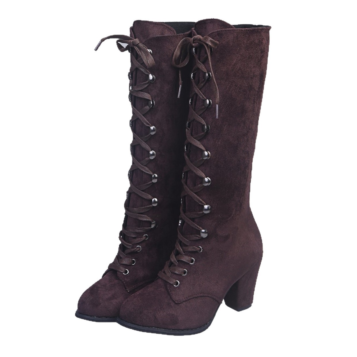 Women's Plus Size High Heeled Fashion Boots Chunky Heel Suede Cross Strap Long Boots European American Style Winter Slimming_vogvips.com