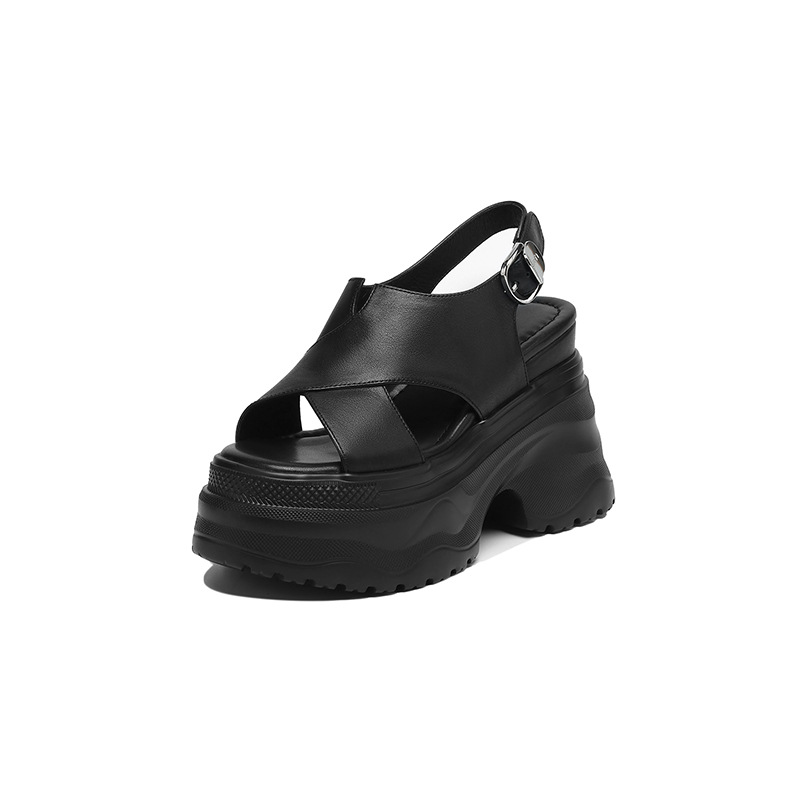Sandal nữ da bò cao gót 12cm đế xuồng tăng chiều cao mùa hè — màu đen, màu trắng ngà