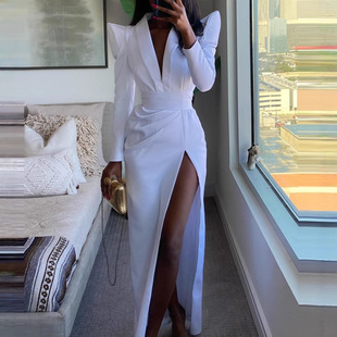 Solid color V-neck slit pleated dress��ɫV�I�_���ް��B��ȹŮ