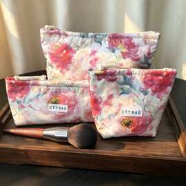 水彩牡丹印花化妆包温柔氛围感软面料护肤品整理收纳多规格组合
