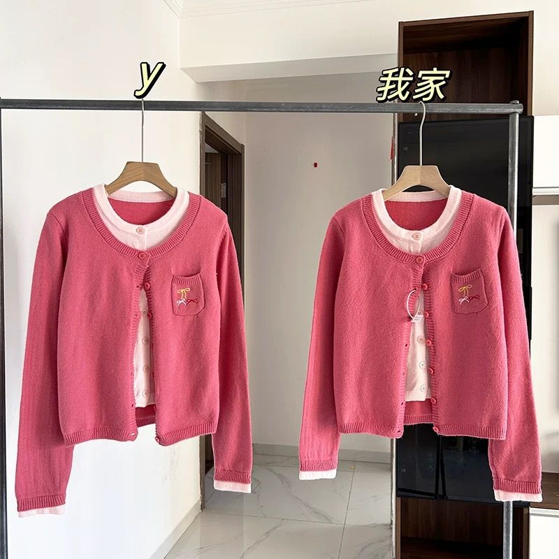 荔莓奶酪假两件针织开衫女秋冬季新款刺绣温柔风短款毛衣外套|undefined