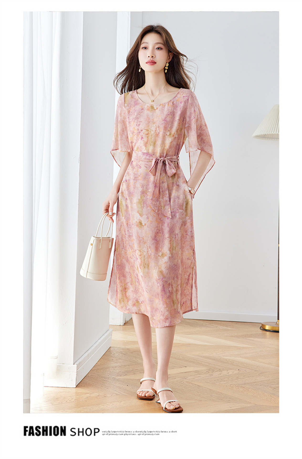 Đầm maxi nữ thắt eo in họa tiết hoa tay ngắn dáng suông che khuyết điểm — xanh lam, Màu hồng chi tiết 10