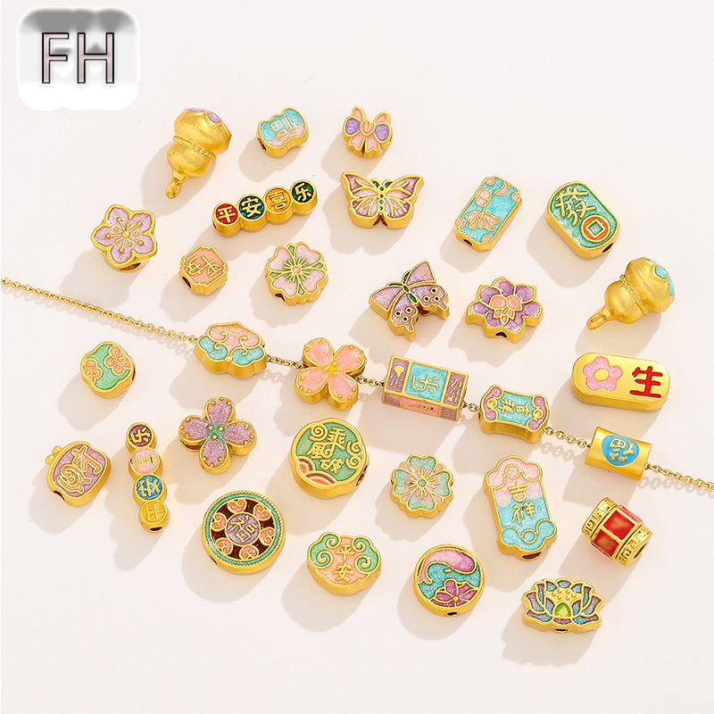 中国风古法金滴油合金四瓣花  隔珠散珠 diy手链项链手串饰品配件