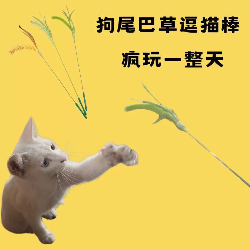 爱飞鸟狗尾巴草逗猫棒手持一体长杆钢丝柔韧耐咬自嗨解闷猫玩具