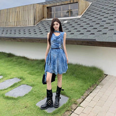度假风设计感斜肩连衣裙女2025夏季新款辣妹不规则收腰显瘦短裙子