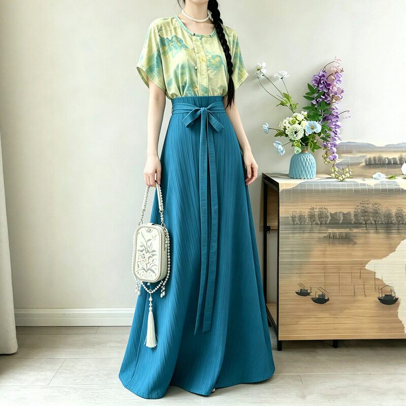 2026【Qingluan】Hanfu Women's Tang-Style Round-Neck Rayon Short Shirt and Eight-Panel Skirt Slimming Daily Commute Outfit Summer 2026【Qingluan】Hanfu Women's Tang-Style Round-Neck Rayon Short Shirt and Eight-Panel Skirt Slimming Daily Commute Outfit Summer