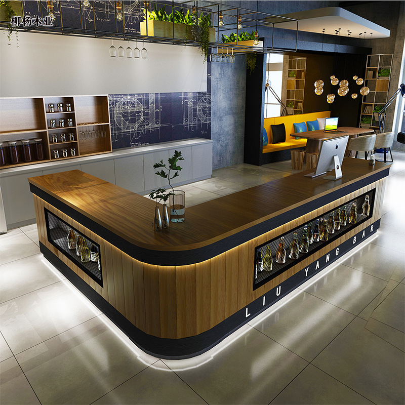 饭店收银台酒吧吧台复古前台工业风清吧柜台健身房前台接待台转角