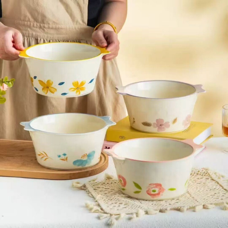 High-Capacity Ceramic Bowl with Good Looks, Instant Noodle Bowl, Ins Style Household Popular Snail Noodle Double-Eared Soup Bowl, Salad Bowl