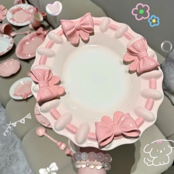 ネットで話題の蝶結び釉下彩手描き浮き彫り立体陶器皿、デザート皿、スナック皿、サラダ皿|undefined