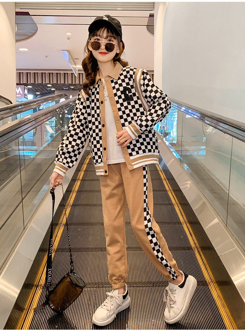 2023 New Set: Two Piece Set of Checkerboard Spring and Autumn Sports Elastic Loose Baseball Suit for Children, Girls,_voghion.com