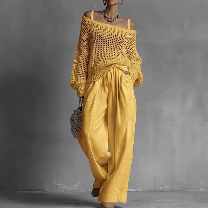 2026 European and American Cross-Border Spring and Summer New Products Amazon Independent Site Women's Hollow-Out Knit Top and Cotton-Linen Pants Two-Piece Set 2026 European and American Cross-Border Spring and Summer New Products Amazon Independent Site Women's Hollow-Out Knit Top and Cotton-Linen Pants Two-Piece Set