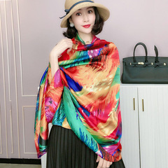 孔雀羽毛 新絲緞印花絲巾女仿桑蠶絲披肩沙灘防曬大圍巾廠家批發