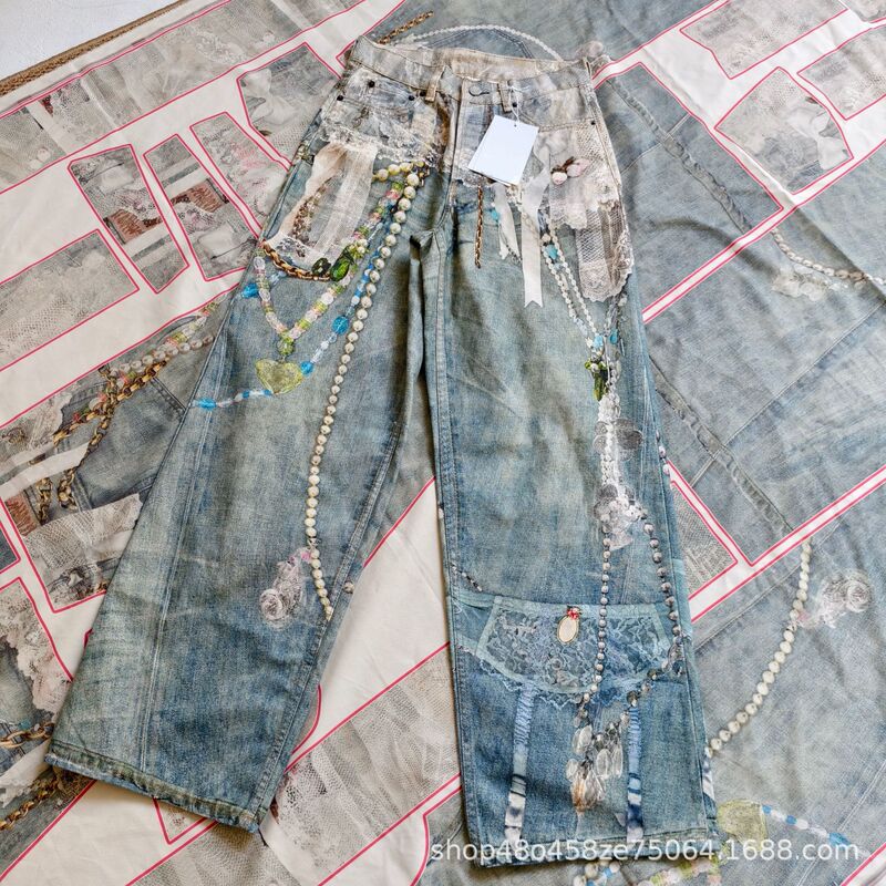 Correct Version! 1981 Pants Style Xu Zhihao Same Style Lace Chain 3D Printed Straight Printed Pearl Jeans