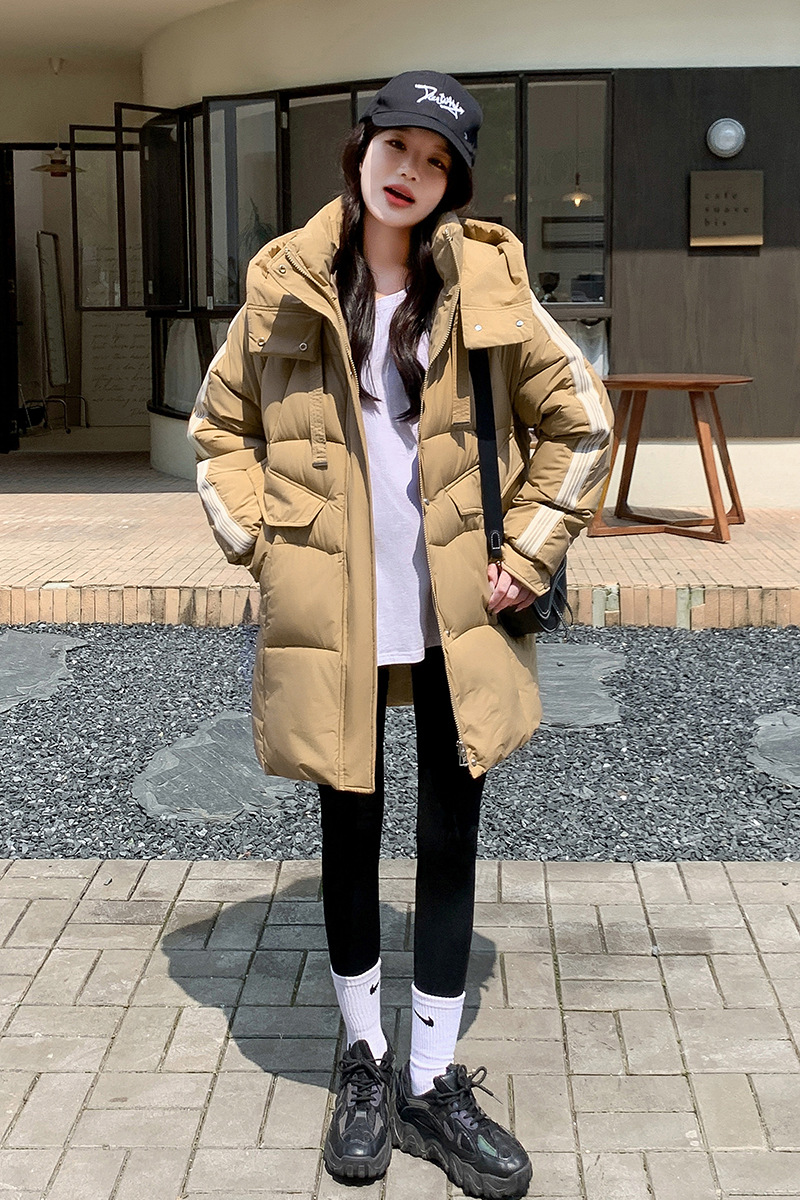 2025 ropa de algodón de estudiantes para mujeres medianas y largas 2025 invierno nuevo estilo casual encapuchado rodilla gruesa chaqueta de algodón abrigo
