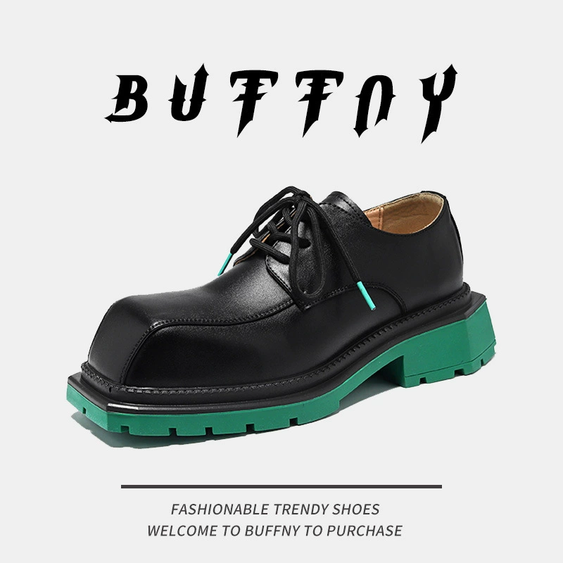 Кожаная обувь с квадратным носком, Мужская толстая подошва в Корейском стиле, повседневная обувь Дерби, Мужская универсальная зеленая подошва, высококачественные кожаные туфли с большим носком