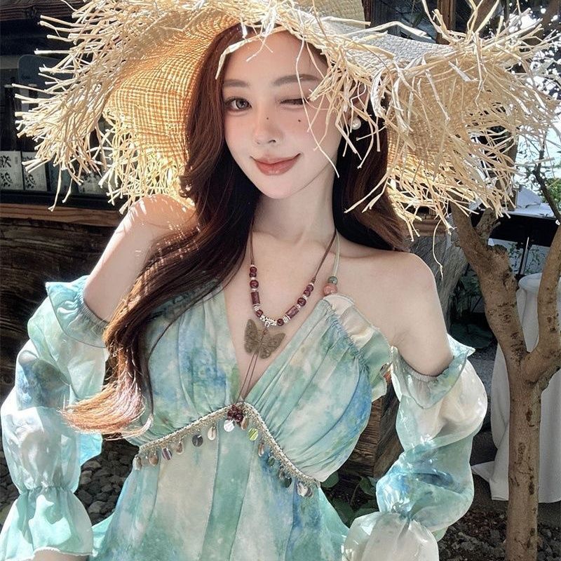 诗尚伊新款法式林间夏季浮夏度假吊带晕染连衣裙气质收腰印花长裙|undefined