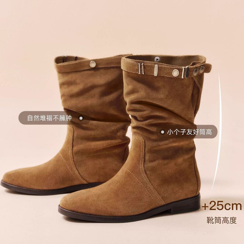 Cowhide Version ~ Retro Pastoral Suede Western Cowboy Boots Women's Belt Buckle Pleated Pile Boots Belt Buckle Short Boots