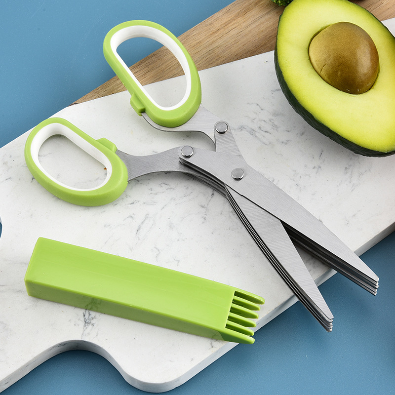 Tijeras de cebolla verde de cinco capas en stock de fábrica, verduras trituradas, cebollas verdes, artefactos de cocina, tijeras de cebolla verde multicapa multifuncionales para el hogar