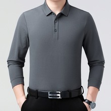 2025春秋新款长袖t恤男翻领商务休闲丝光棉纯色大码爸爸装打底衫