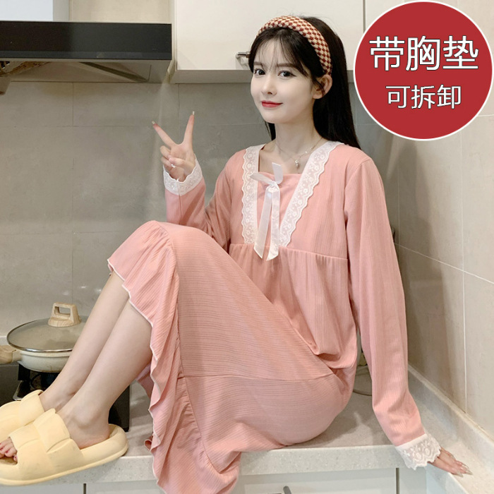 2024 pijama de otoño delgado de manga larga de punto de algodón cojín de pecho pijama encaje dulce de pijama ropa para el hogar