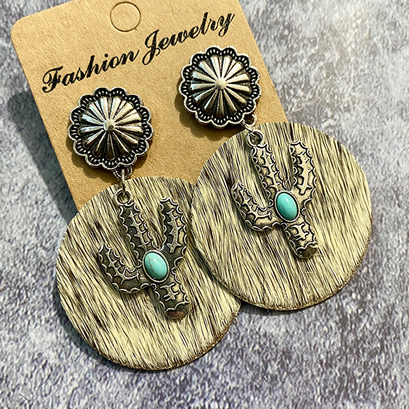 1 Pair Bohemian Cactus Alloy Leather Inlay Turquoise Women's Drop Earrings display picture 7