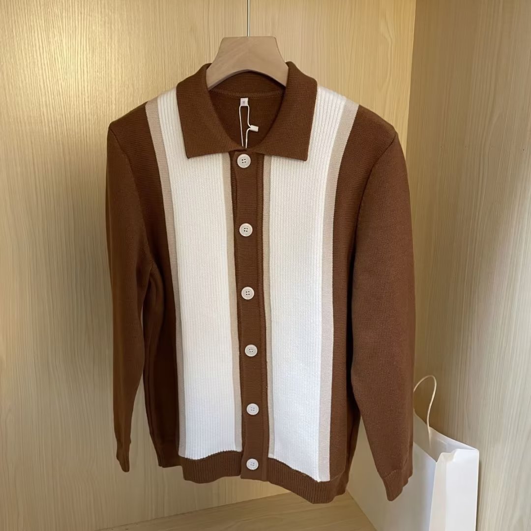 Otoño e invierno nuevo estilo de punto de manga larga para hombres chaqueta de punto a rayas POLO solapa negocios británicos comercio exterior venta al por mayor transfronteriza