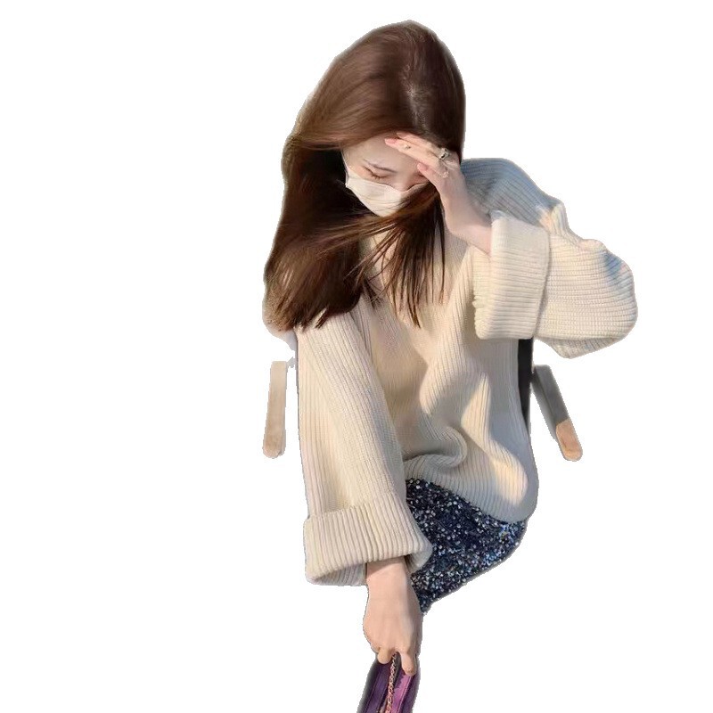 韓国ニットセーター女性の秋と冬の新しいソフトワックス状ソリッドカラープルオーバーラージセーター女性のラウンドネックルーズ痩身トップ|undefined