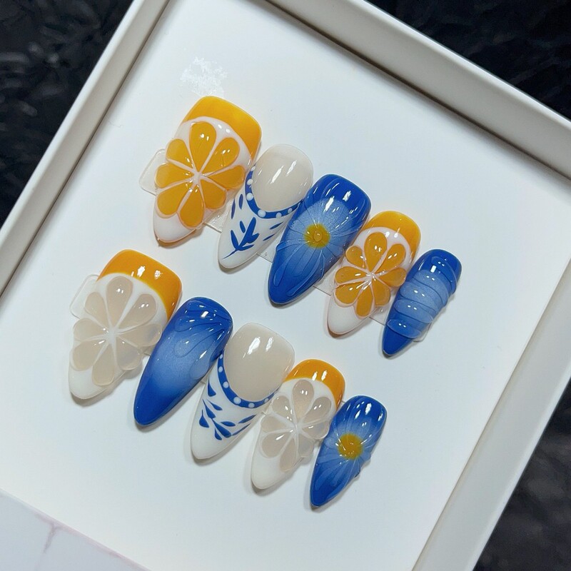 European and American Style Blue Three-Dimensional Flower Almond Style Wearable Nails Sea Salt Fingers Niche Style Cross-Border European and American Nails Available for Wholesale