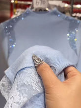 燙鑽蕾絲袖半高領針織打底衫女秋冬新款洋氣百搭毛衣女內搭上衣