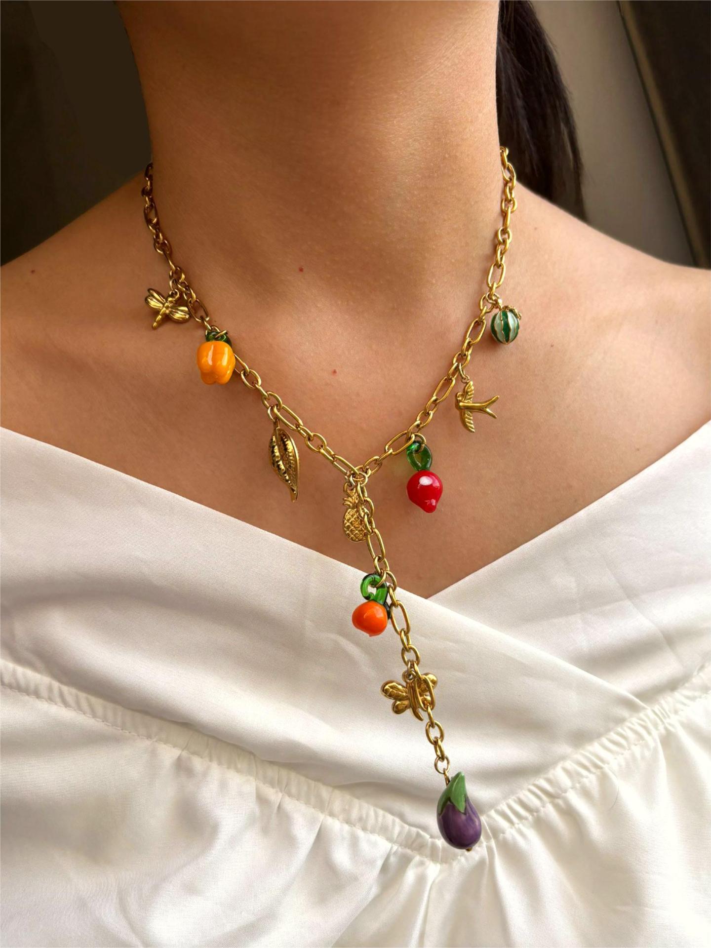 304 Stainless Steel, Resin, glass Pendant Material Resin Inlay Material PVD Coated Real Gold Plated Fruit 304 Stainless Steel Glass Simple Style Classic Style Waterproof Non Tarnish Surgical Steel Plating Lobster Trigger Clasp Closure Multi Charms Necklace