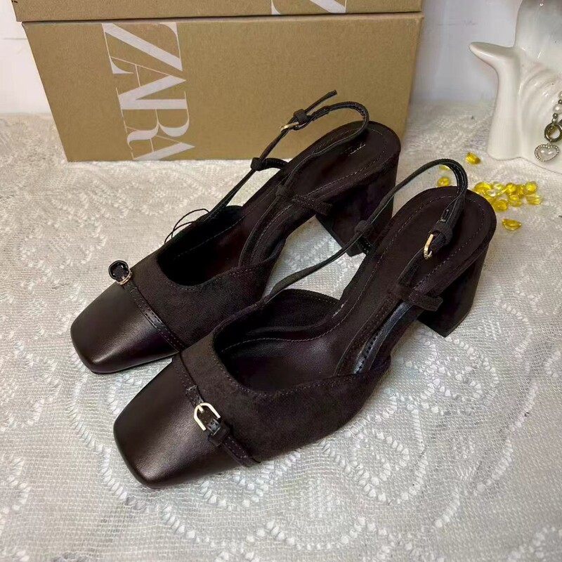 Za2026 Spanish Winter New Women's Shoes Brown Chunky High Heel Open-Back Square-Toe Mule Sandals Versatile Single Chunky Heel