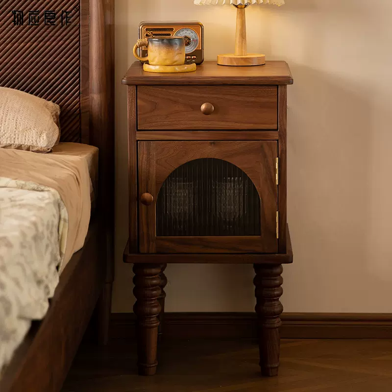 物应良作北美黑胡桃木全实木床头柜复古美式卧室收纳储物柜床边柜