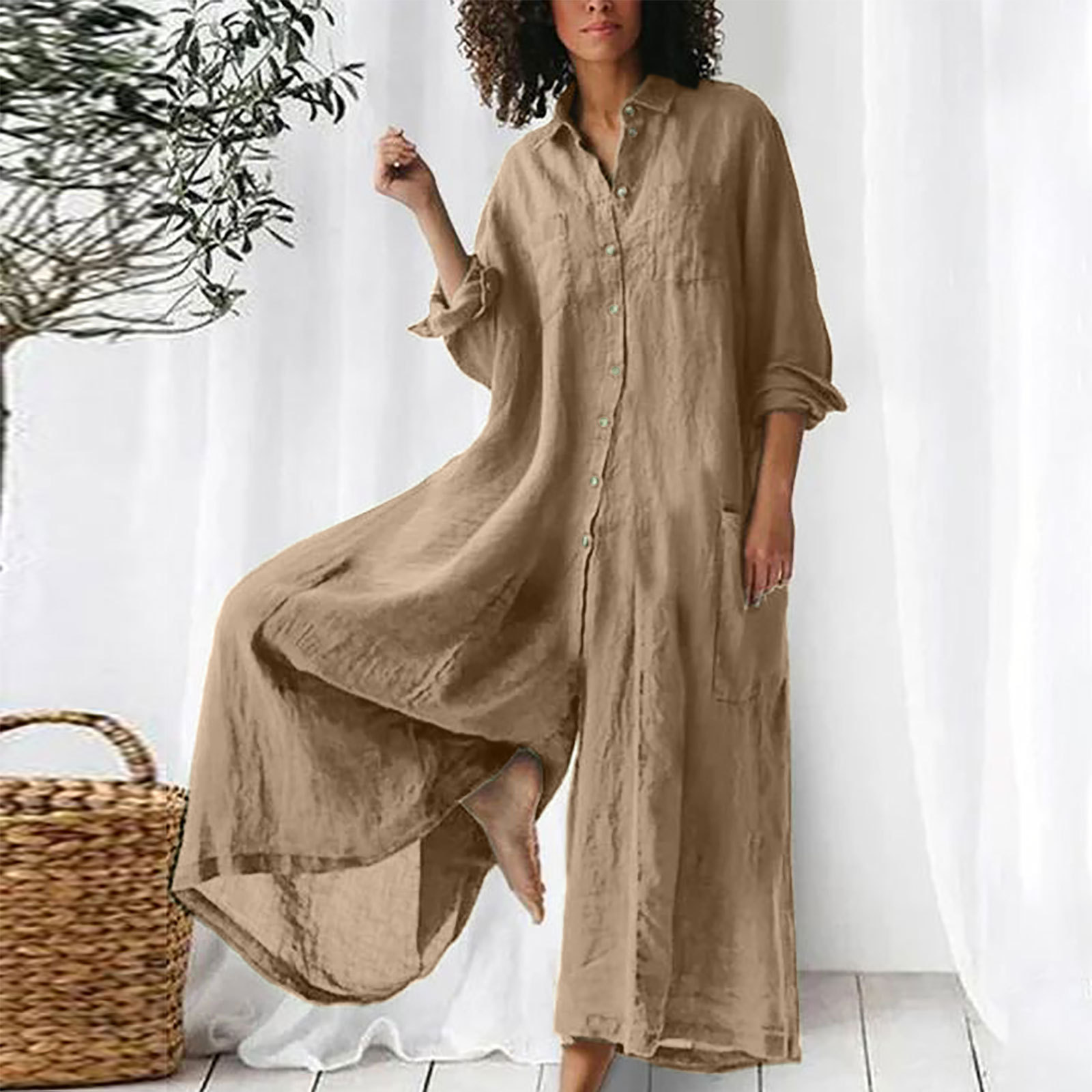 Women's Solid Color Casual Long Sleeved Jumpsuit Mid Length Cotton Linen Blend_ecoleips.com