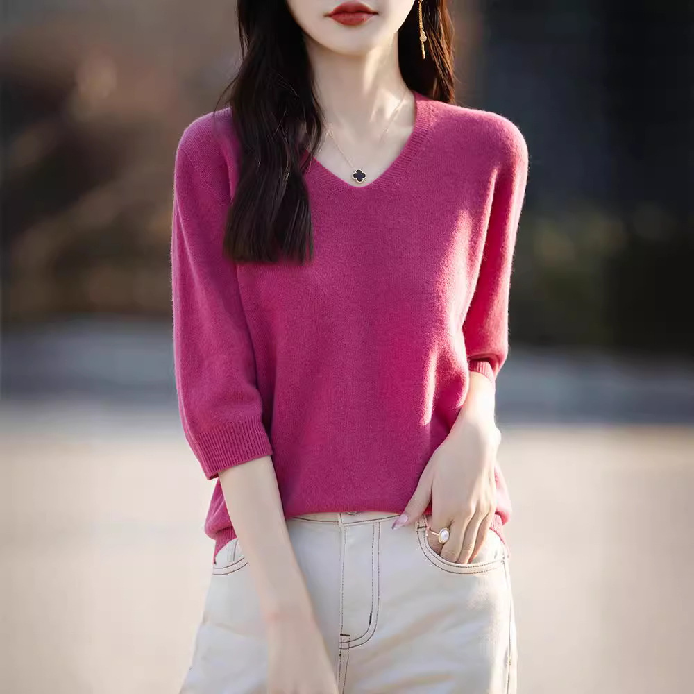 V领毛衣短袖女纯色半袖宽松套头针织打底衫25春秋新款一线成衣T恤