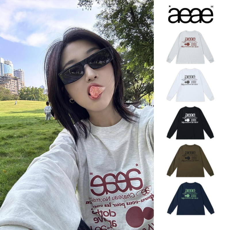 In-Stock Korean Trendy Brand Aeae Long-Sleeve T-Shirt for Women, Loose Round Neck with Letter Print, Couple's Matching Top, New
