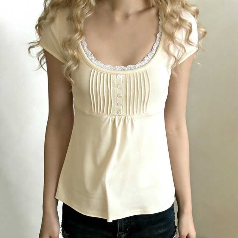 French-Style Girl's Lace-Trimmed Round-Neck Ruched Button-Up Short-Sleeve Top, Solid Color Versatile A-Line Slimming T-Shirt for Women French-Style Girl's Lace-Trimmed Round-Neck Ruched Button-Up Short-Sleeve Top, Solid Color Versatile A-Line Slimming T-Shirt for Women