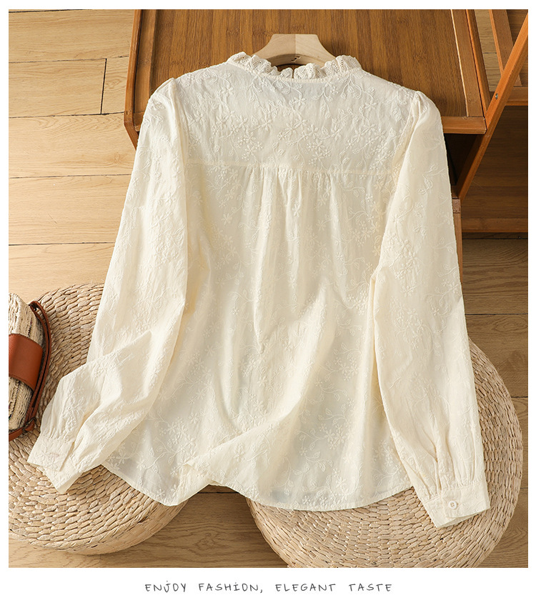 Camicia donna a maniche lunghe in cotone con pizzo e ricami_voghion.com