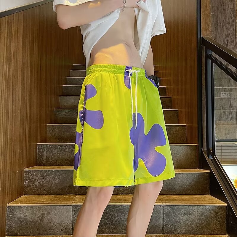 Círculos animados de fresa oso pantalones cortos de hombre de verano sueltos casa pijamas casuales pareja vacaciones de playa pantalones