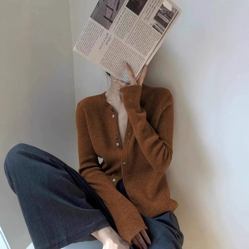 Maillard Caramel Color Knitted Cardigan for Women in Autum, Chic and Beautiful Inner Layering Sweater, European Style Top