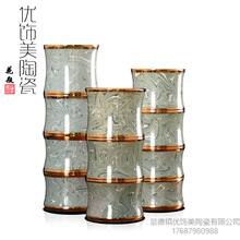 景德镇家居陶瓷摆件绿纹+金竹节瓶三件套可定制