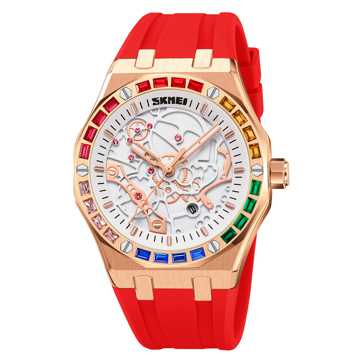 Momento de los Estados Unidos transfronterizos exclusivos para hombres reloj de pulsera de diamante de color octagonal viento mecánico silicona correa impermeable relojes de cuarzo al por mayor