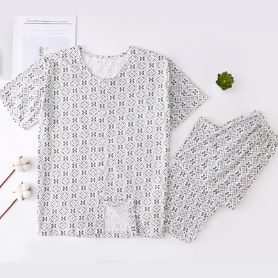 中老年男士纯棉睡衣睡裤开衫短袖印花宽松大码薄款家居服防蚊裤|ms