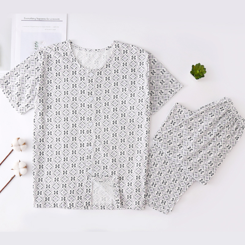 中老年男士纯棉睡衣睡裤开衫短袖印花宽松大码薄款家居服防蚊裤|ms