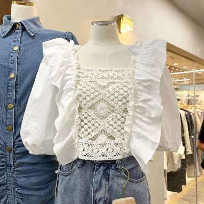 Dongguk door 2022 Summer wear new pattern crochet Hollow Lotus leaf Short sleeved shirt Korean Fan shirt clothes